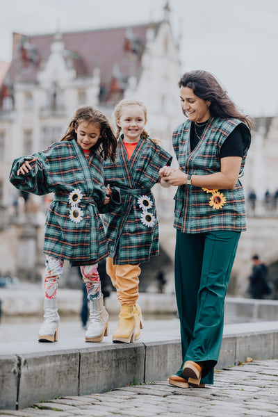 Kimonojacket zonder mouwen in flanel met petrol ruitje